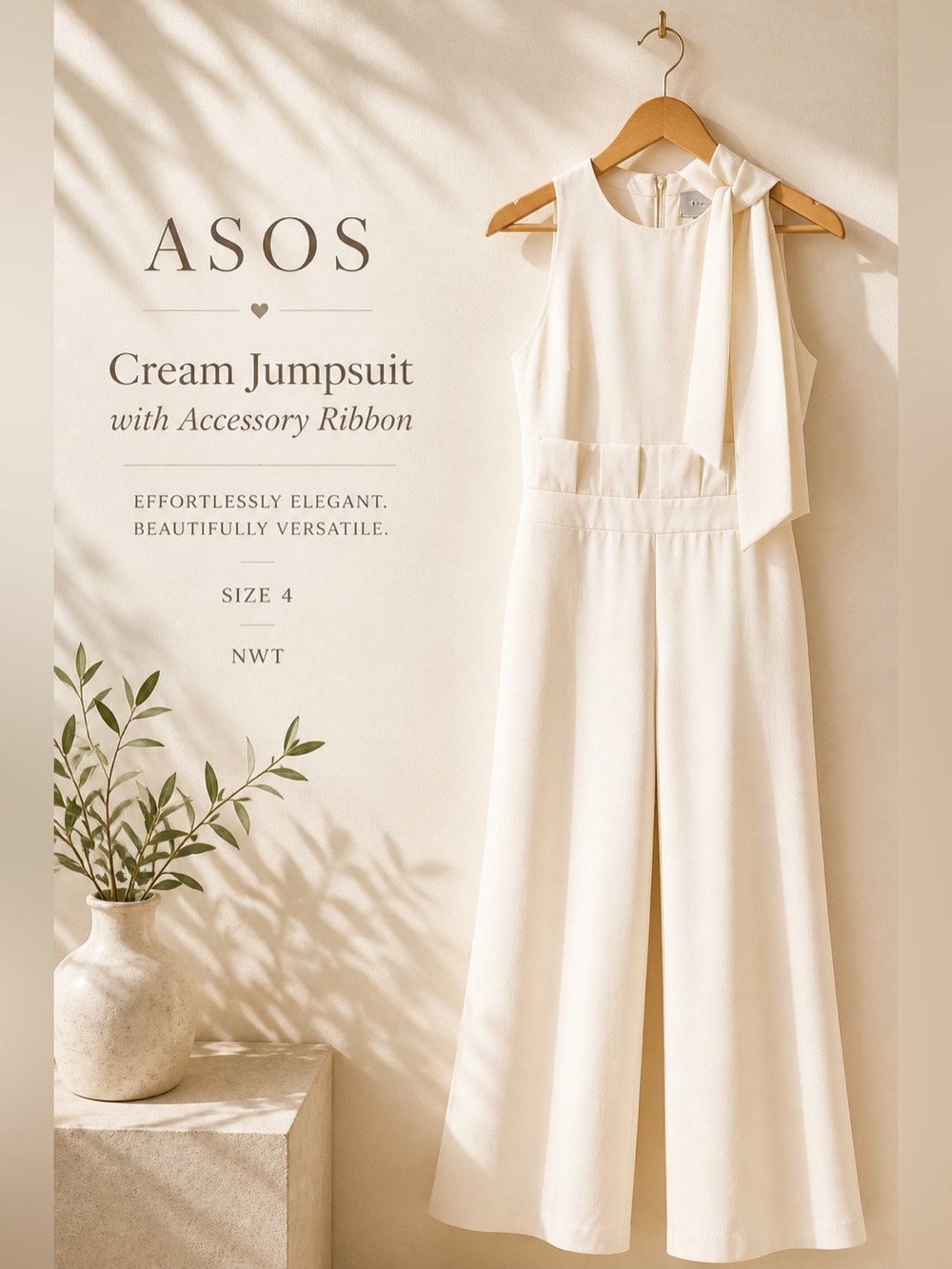 ASOS Cream Wide Leg Jumpsuit with Neck Tie Detail Size 4 NWT